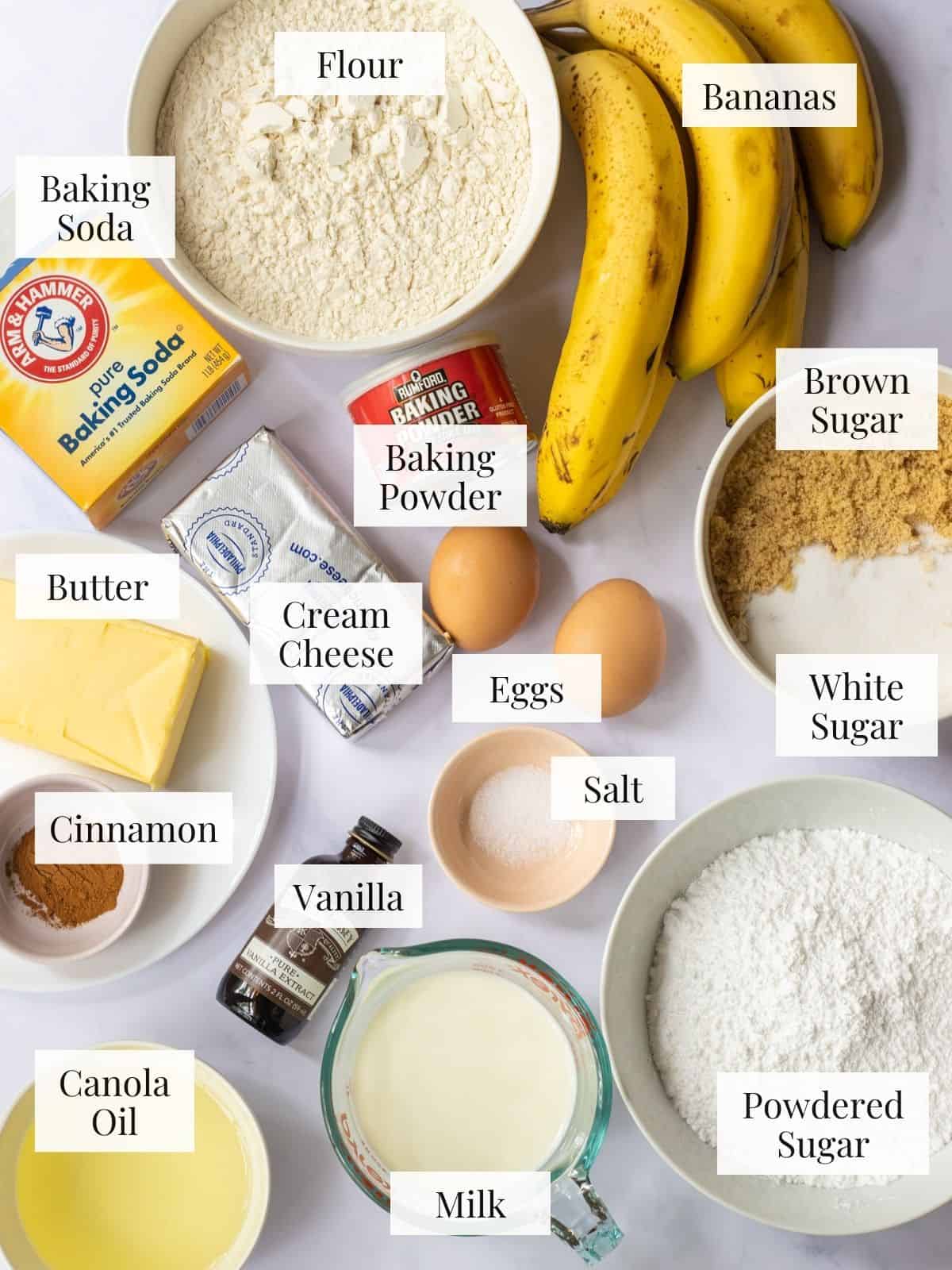 Ingredients for banana cake and cream cheese frosting with labels.