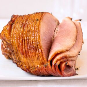 Spiral sliced ham on a plate.