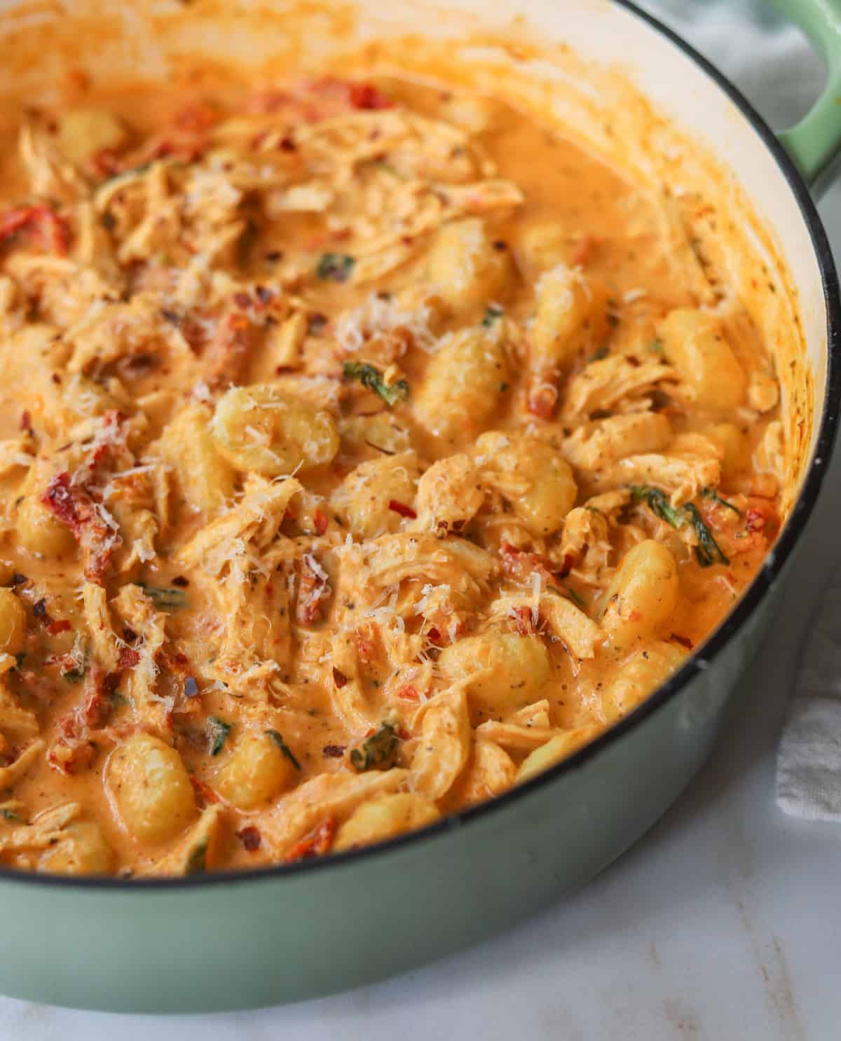 Sun Dried Tomato Chicken Gnocchi in a pot.
